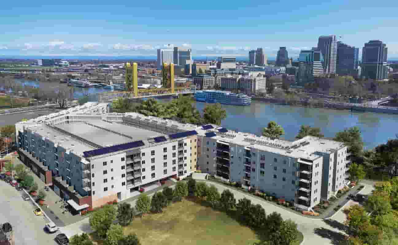 Aerial view of 805 Riverfront looking toward Sacramento skyline